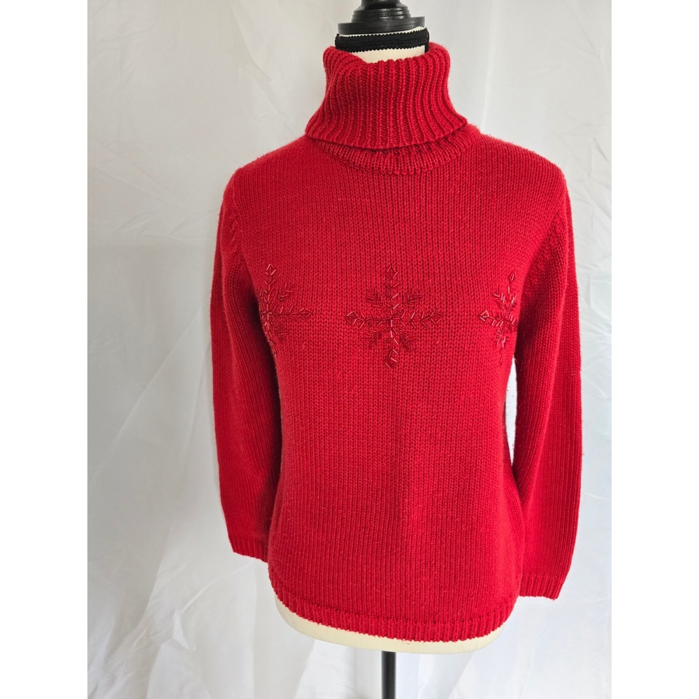 Cherokee Collection Red Snowflake Beaded Turtleneck Sweater Women's Size S‎